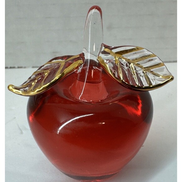 Unbranded Other - Mini Miniature Apple Fruit Hand Blown Red Art Glass Applied Gold Leaves